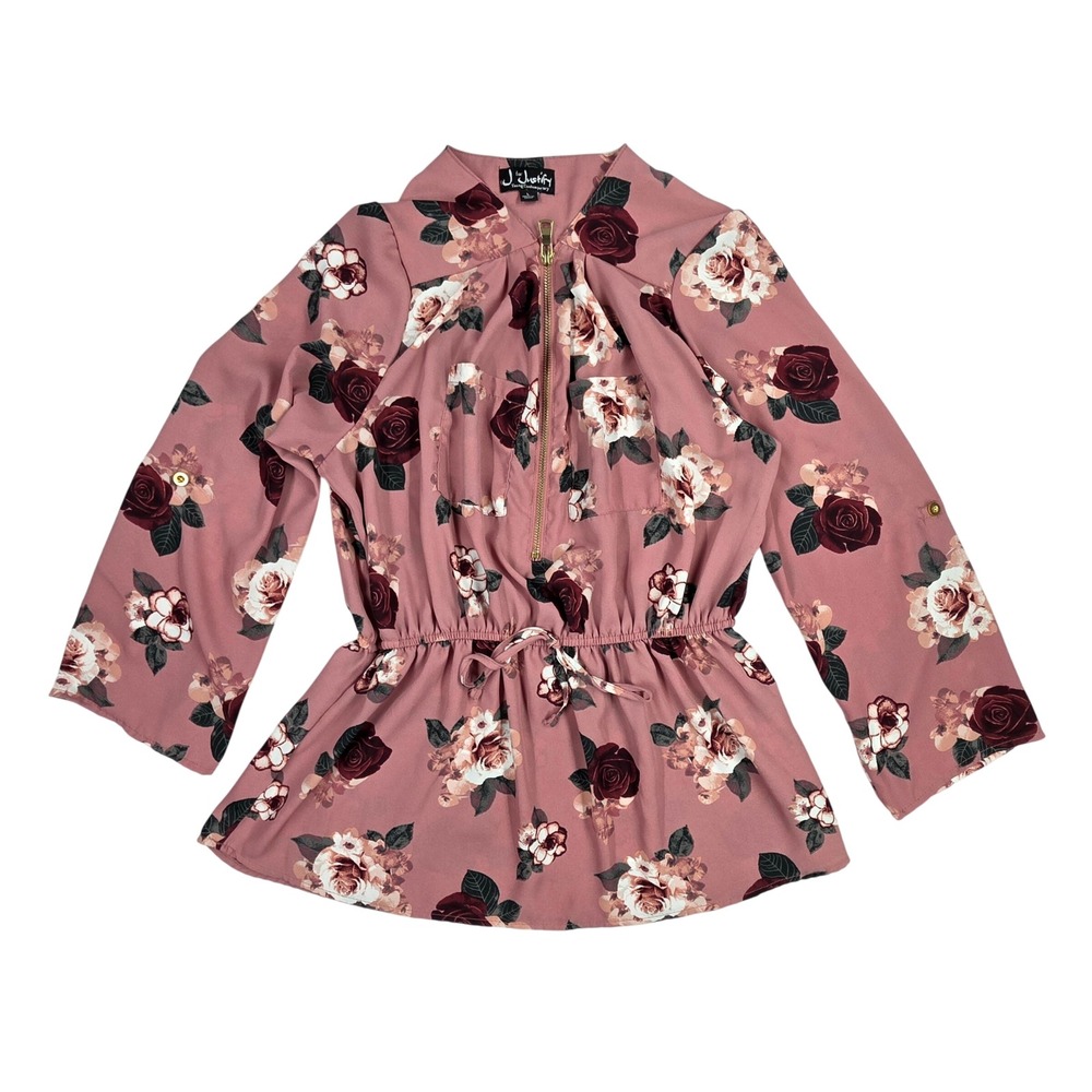 J for Justify Floral Peplum Blouse Pink Rose Quarter Zip Drawstring Waist Large
